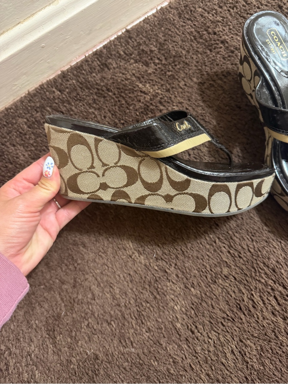 Coach Black Patent Thong Wedge Sandals with Beige Signature Canvas - Picture 3 of 4